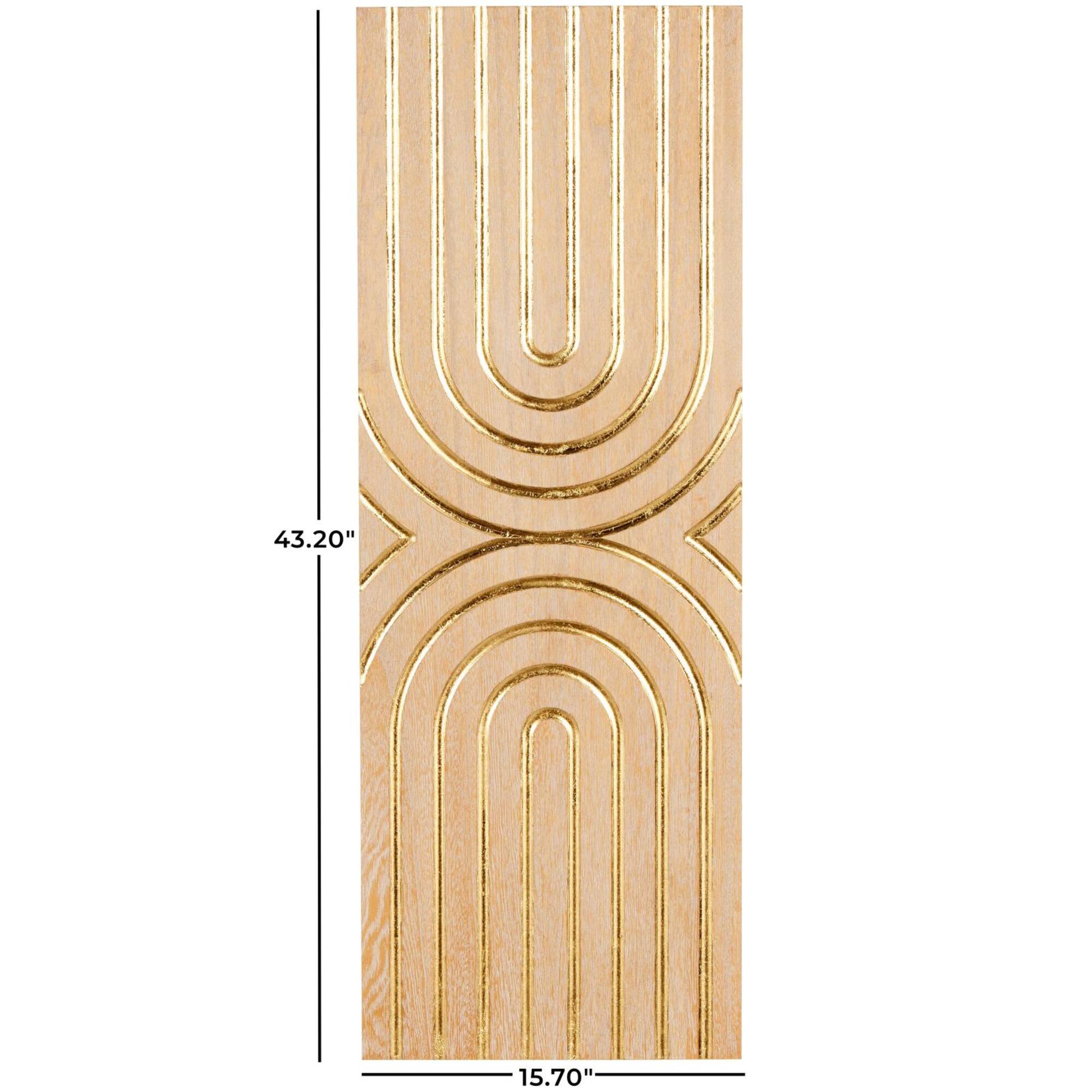 15.7" x 43.2" Light Brown Wood Geometric Panel with Overlapping Gold Arches Home Wall Décor